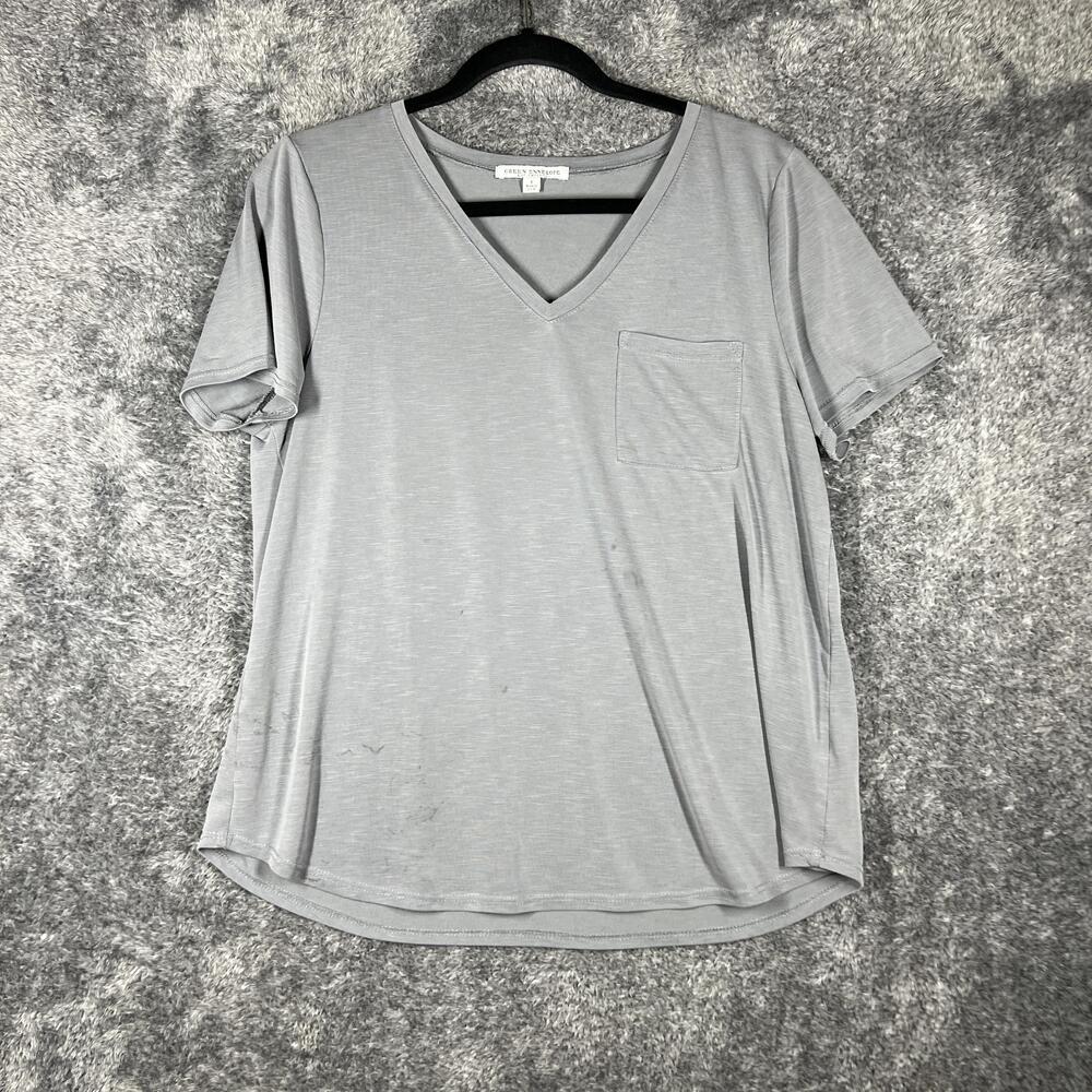 Green Envelope Shirt Womens L Gray Tunic V-Neck Pocket Rayon Jersey USA